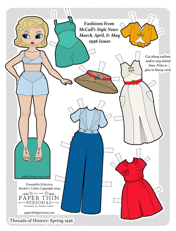  A 1930s fashion paper doll with clothing from a 1936 issue of McCall's style news including a six piece mix and match wardrobe to cut out and play with. She has blond hair and a summer inspired color palette. 