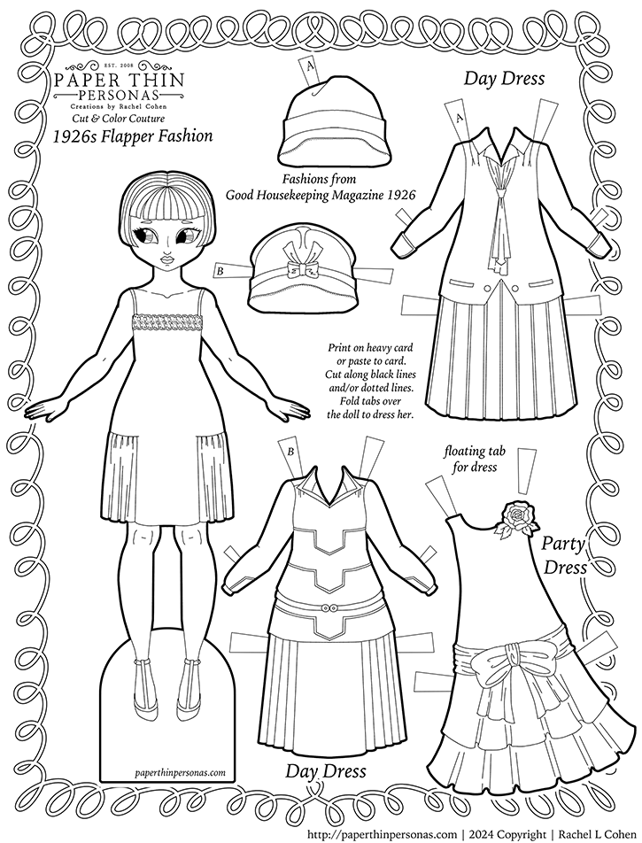 A 1926 printable paper doll coloring. page with three dresses from that year.