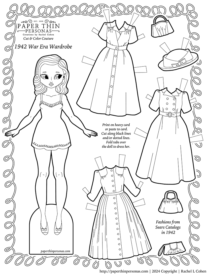 A 1940s style paper doll with her mix and match wardrobe of three dresses three purses and one hand. She's a coloring page, so you can color her anyway you want. 
