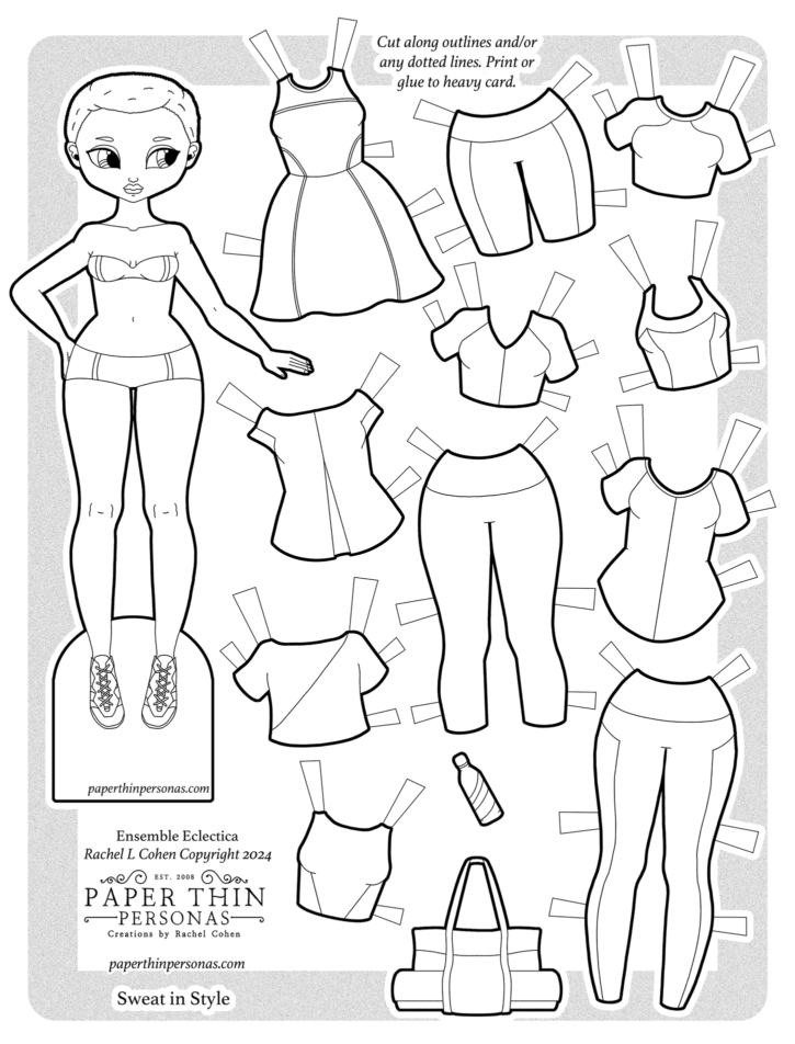 A sporty fashion paper doll with an 11 piece mix and match wardrobe. She's a coloring page.