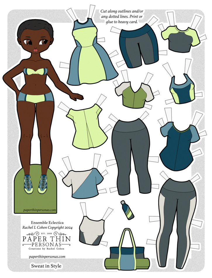 A sporty fashion paper doll with an 11 piece mix and match wardrobe. She has a micro-afro and a soft ocean inspired color scheme.