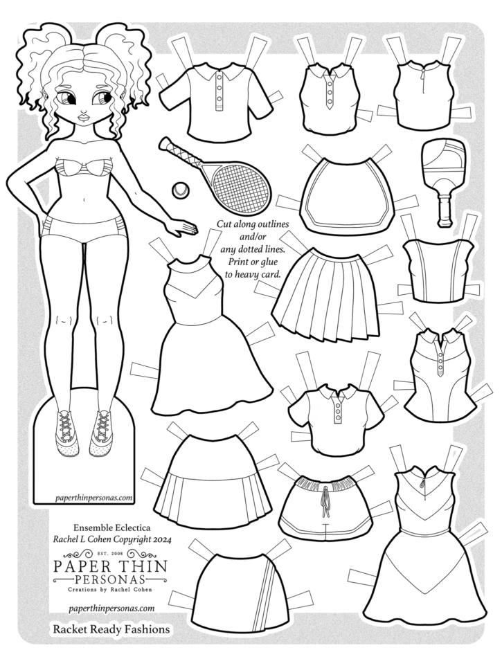 Tennis paper doll coloring page to print with 13 mix and match piece which make up over 30 different cute tennis outfit combinations.