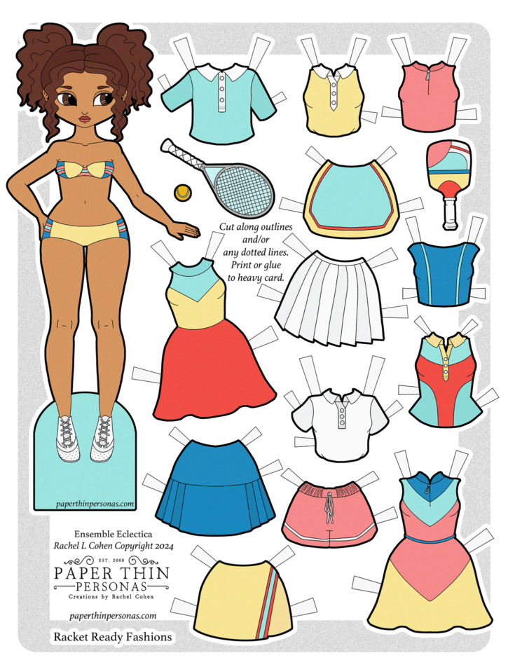 Tennis paper doll printable with 13 mix and match piece which make up over 30 different sporty outfit combinations.