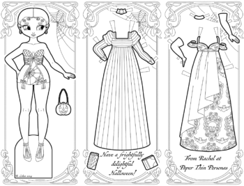 A halloween paper doll coloring page with two dresses and a regency paper doll theme. 