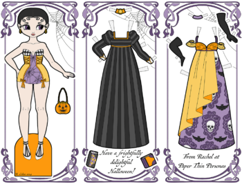 A printable halloween paper doll with a regency gothic fashion style. The doll has two dresses. 