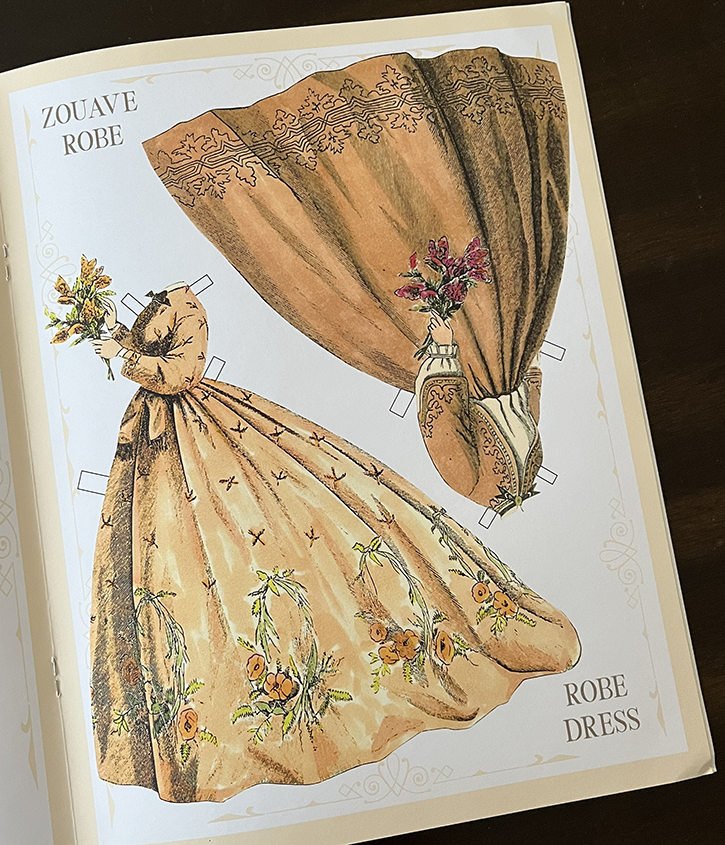 Two dresses from Patti Fertel's Ellen's Elegant Fashion Plate Paper Doll book. 