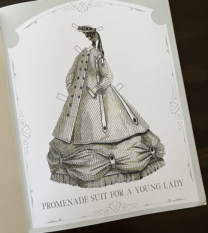 In interior page showing a gown from Patti Fertel's Ellen's Elegant Fashion Plate Paper Doll book. 