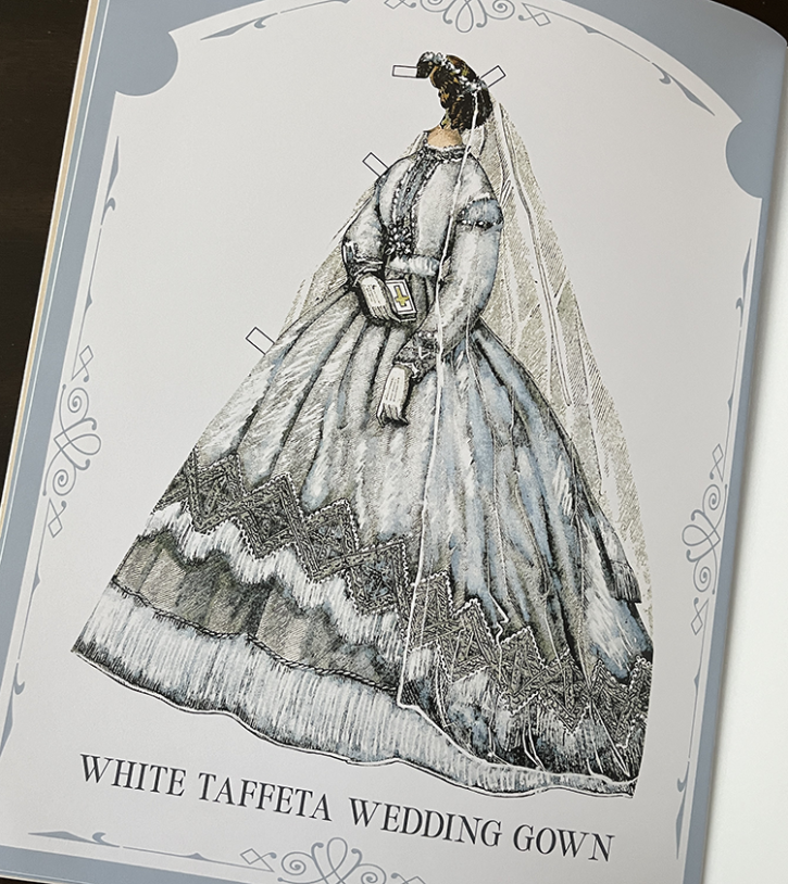 In interior page showing a wedding gown from Patti Fertel's Ellen's Elegant Fashion Plate Paper Doll book. 