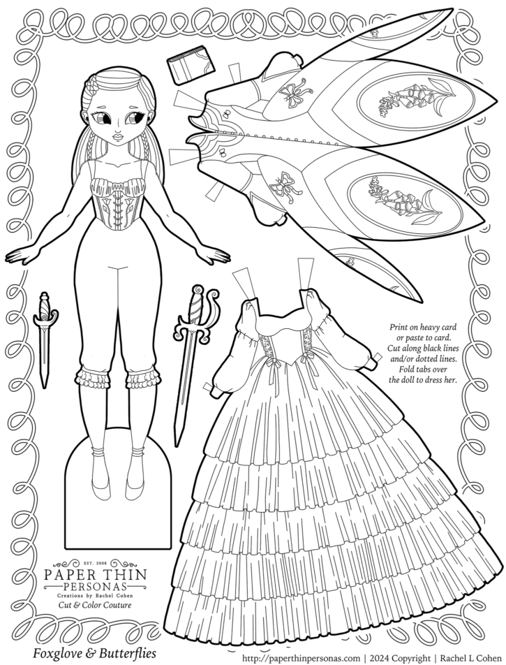 A printable black and white foxglove princess paper doll coloring page with a doll, a dress and an overdress decorated with foxglove. 
