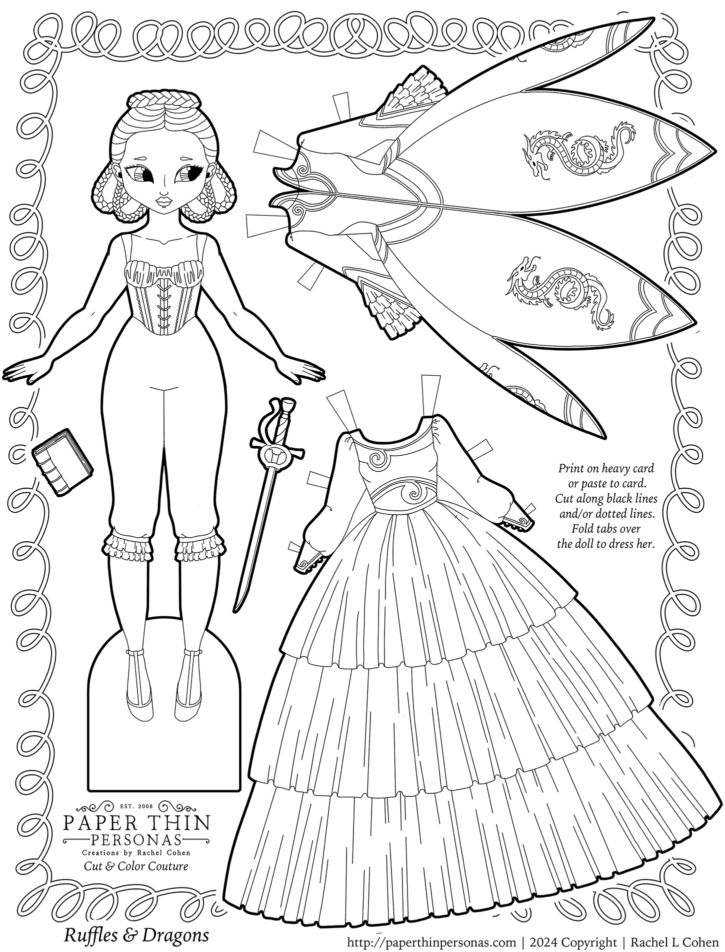 A storybook princess paper doll coloring page with a gown decorating with dragon motifs and a fancy hair-do. She has accessories. The doll is Asian and Chinese clothing inspired the motifs on the dresses.