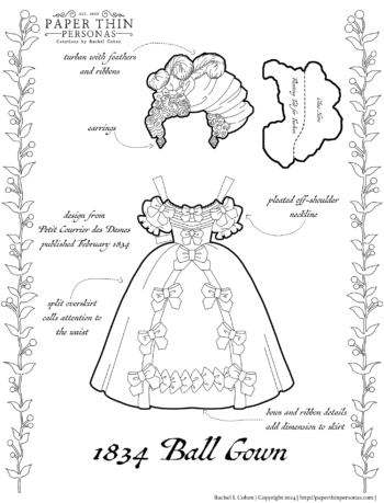 An 1830s fashion paper doll with a ball gown from 1834.