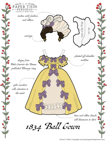 An 1830s fashion paper doll with a ball gown in yellow and lavender from 1834.
