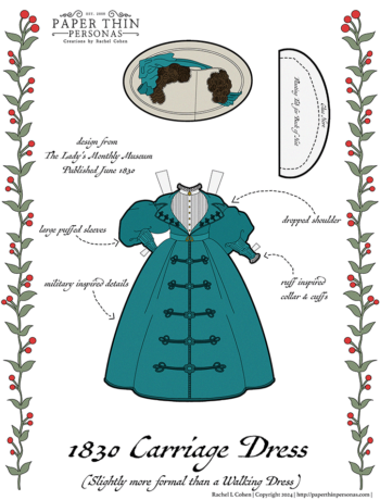 A printable 1830s paper doll dress. It is a carriage dress with military details and matching bonnet in a rich teal green.