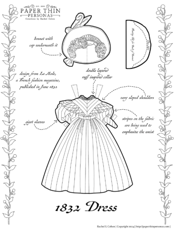A printable coloring page showing off an 1832 paper doll dress with full sleeves and a matching bonnet.