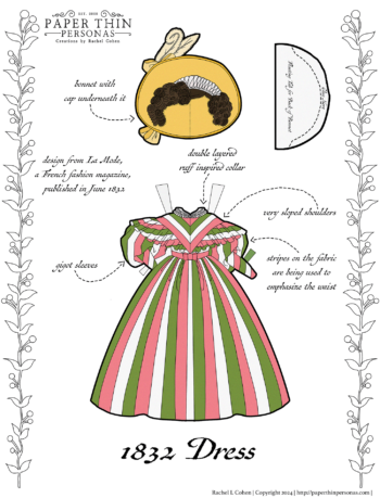 A printable showing an 1832 paper doll dress with full sleeves and a matching bonnet.