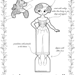 An 1830s paper doll coloring page wearing historical underwear.