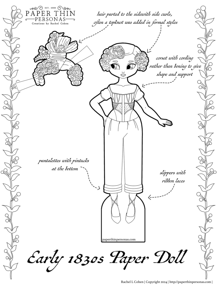 An 1830s printable paper doll coloring page wearing  a set of 1830s underwear consisting of a corset, pantalettes, and chemise. Her hair is up in curls and her shoes are tied with ribbon laces. Commentary on the image describes each of these parts. 