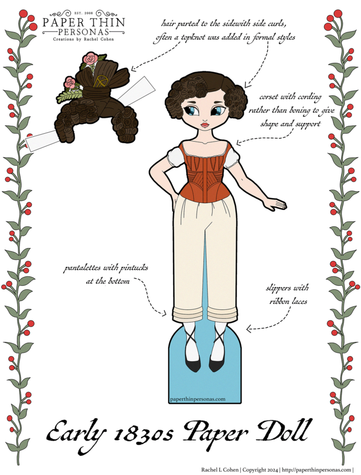 An 1830s printable paper doll with a set of 1830s underwear consisting of a red corset, drawers, and chemise. Her brunette hair is up in curls and her shoes are tied with ribbon laces. 