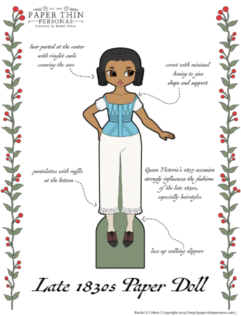A printable paper doll in color wearing an 1830s women's underwear. Her corset is blue. She also has on drawers and walking shoes. 
