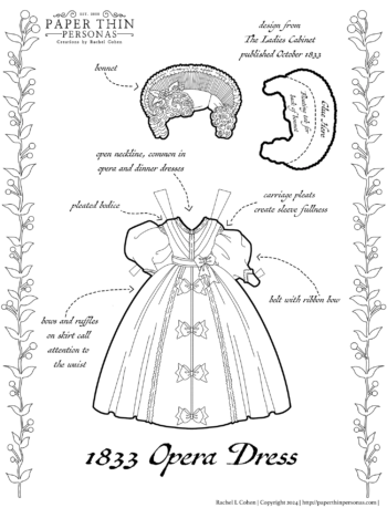 A paper doll coloring page which is an Opera dress from 1833. Part of the 1830s fashion history paper doll project. Printable to cut out at home.