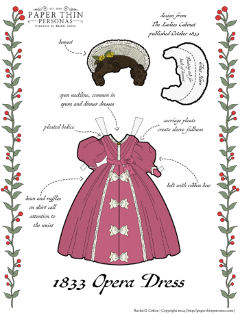 A pink dress with white bows down the front which is an Opera dress from 1833. Part of the 1830s fashion history paper doll project. Printable to cut out at home.