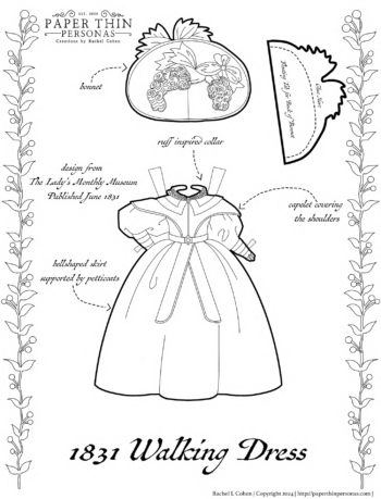This is a paper doll coloring page is an 1831 walking dress with a matching bonnet.