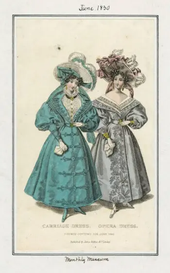 A fashion plate from the publication The Lady's Monthly Museum in June of 1830 showing a carriage dress. This image is from the LA Public Library's Casey Fashion Plate Index.