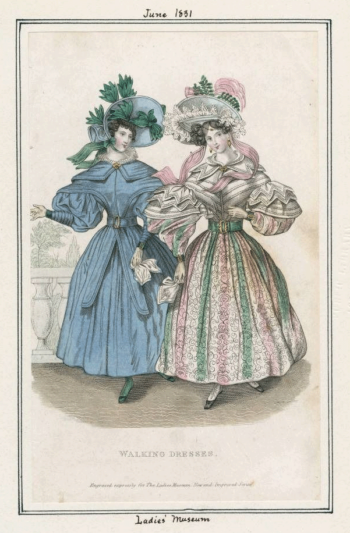 Fashion plate from the June 1831 issue of The Lady’s Monthly Museum digitized by the LA Public Library showing a pair of walking dresses.