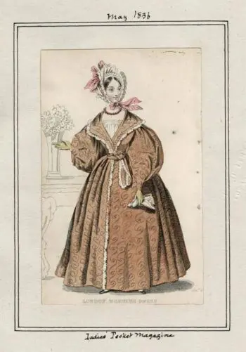 A fashion plate from Ladies Pocket Magazine from 1836. showing morning dress in brown