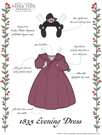 A printable paper doll page edged in a floral design illustrating a gown from 1835 with long sleeves and a ribbon the waist. The skirt is full and ankle length. The gown is a maroon purple color. A 1830s paper doll evening dress to print and play with.