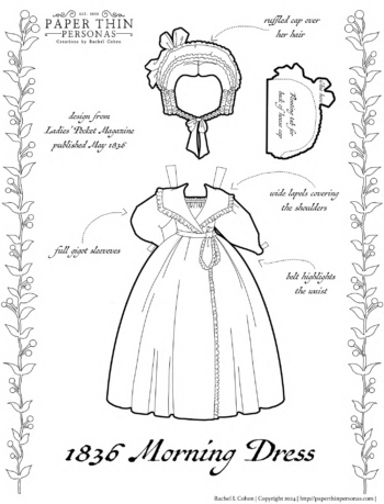 A coloring page of a printable paper doll morning dress from 1836.