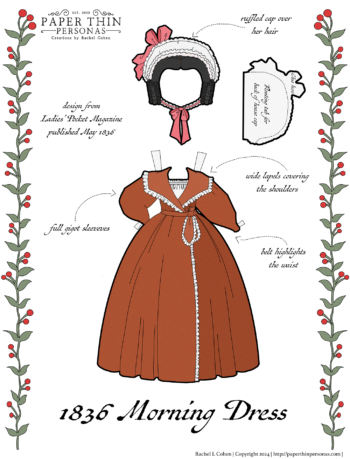 A printable paper doll morning dress from 1836 colored in brown and pink.