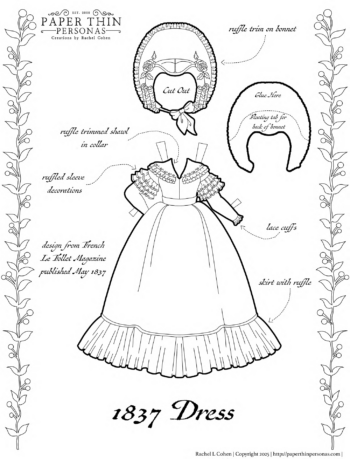 An 1837 dress with matching bonnet for a paper doll. Printable in black and white for coloring.