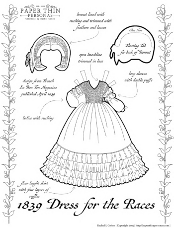 A dress from 1839 with a ruched bodice and a skirt trimmed in ruffles. A coloring page to print and color and play with.