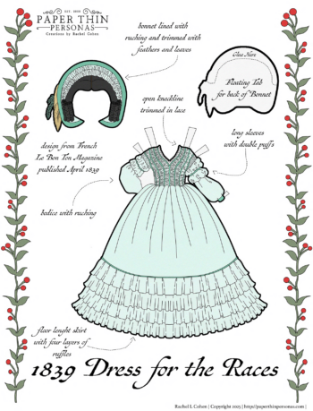 A paper doll dress from 1839 with a ruched bodice and a skirt trimmed in ruffles.