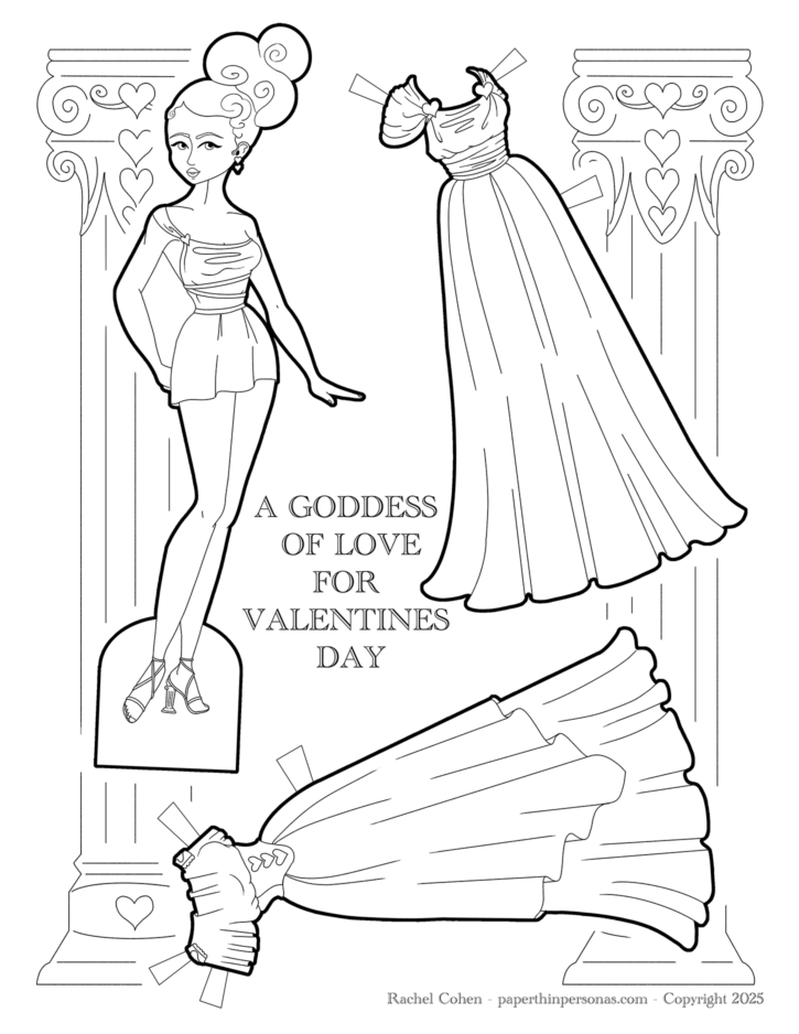 A printable paper doll coloring page for Valentine's Day of a goddess of love with two gowns.