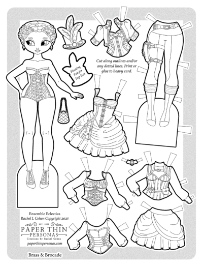 A Victorian steampunk paper doll coloring page. There is a doll with a wardrobe of ten pieces to color.