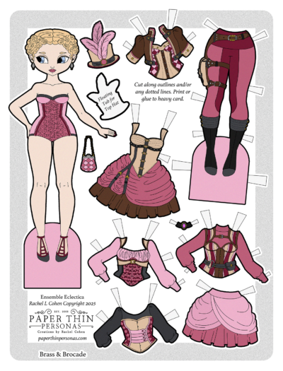 A Victorian steampunk paper doll with blond hair and pink color scheme. There is a doll with a wardrobe of ten pieces.