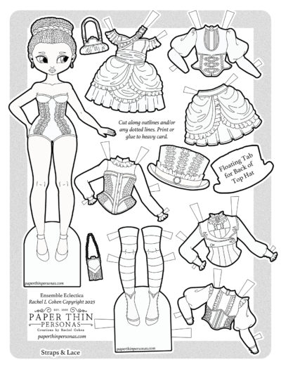 A black steampunk costume paper doll printable coloring page with a wardrobe of ten pieces. She can share clothing with the other paper dolls on Paper Thin Personas.