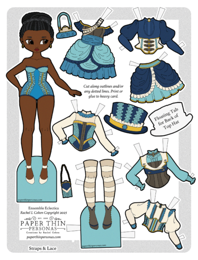A black steampunk costume paper doll printable with a wardrobe of ten pieces.