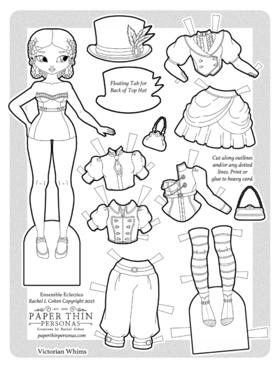 A printable steampunk fashion coloring page with a paper doll and her mix and match steampunk wardrobe.