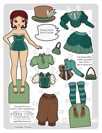 A printable steampunk fashion paper doll and her mix and match steampunk wardrobe.