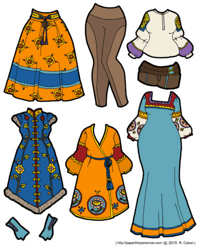 A printable magnetic paper doll with mix and match pieces inspired by the fairy tale Vasilisa the Beautiful.
She has a 28 piece wardrobe.