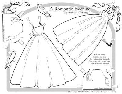 A printable paper doll evening gowns themed coloring page with two dresses and shoes. 