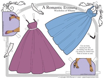 Two beautiful dresses in pastel colors are on this printable paper doll evening gowns set.  
