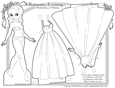 A printable paper doll evening gowns themed coloring page with a doll and two dresses. 