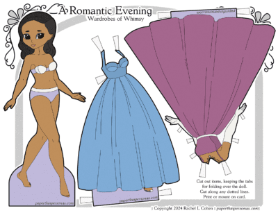 Printable paper doll evening gowns themed with a doll and two dresses.  