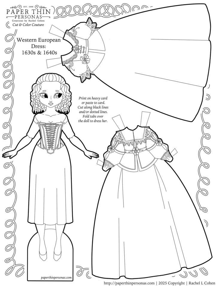 Printable 17th century paper doll coloring page featuring women's fashion from the 1630s and 1640s. Includes historical details like stays, chemise, lace collars, and voluminous sleeves. Great for homeschool history, crafts, or coloring activities.