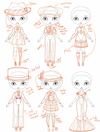 Doodles of suiting inspired designs. 