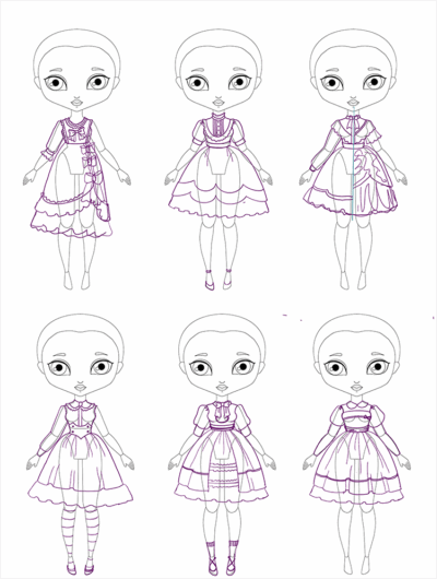 Doodles of paper doll princess dresses. 